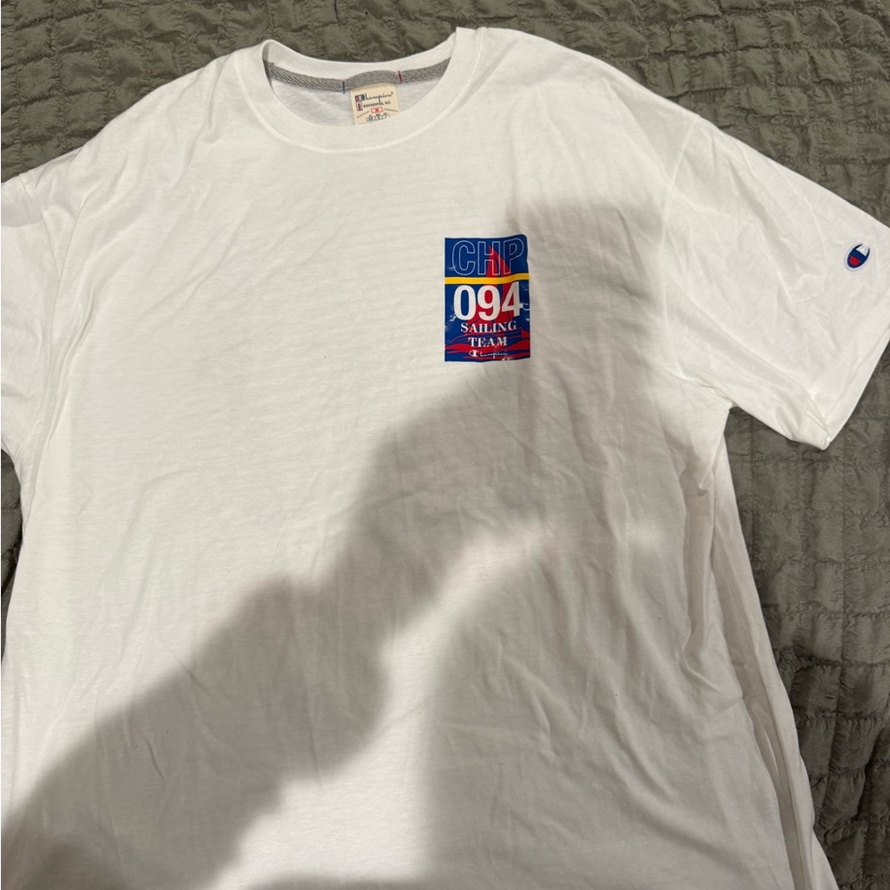 Champion White Short-Sleeve Tee with Red & Blue Sailing Graphic